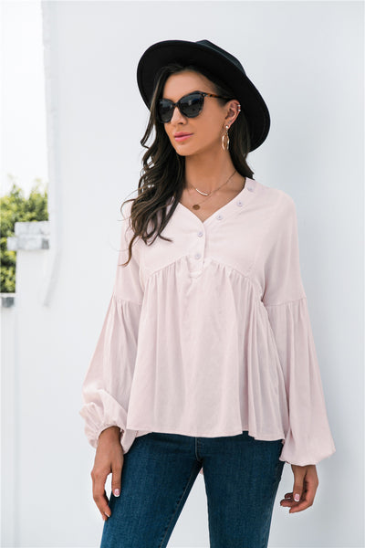 Button Detail Lantern Sleeve Peplum Top