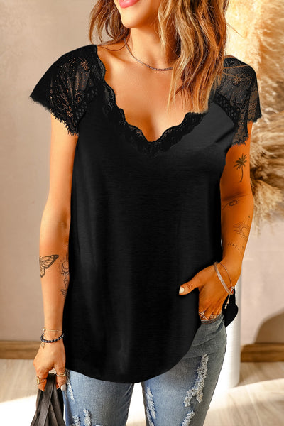 Scalloped Spliced Lace V-Neck Top