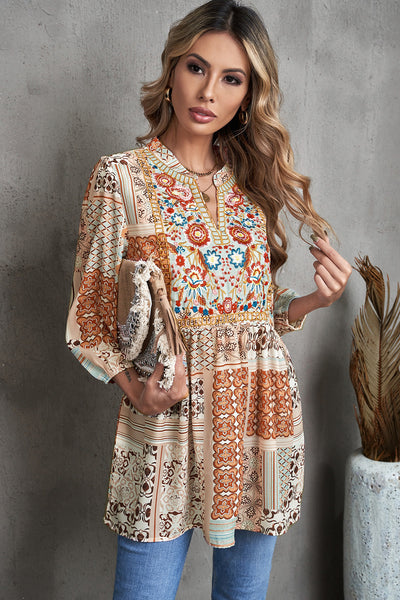 Printed Three-Quarter Sleeve Babydoll Top