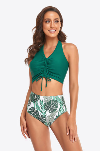 Botanical Print Halter Neck Drawstring Detail Bikini Set