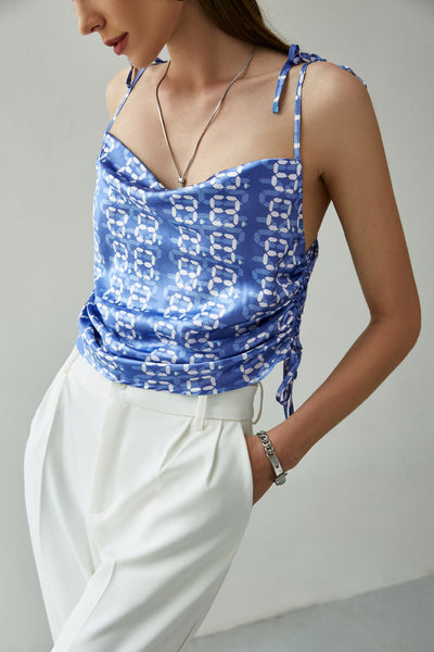 Printed Side Drawstring Tie-Shoulder Cami