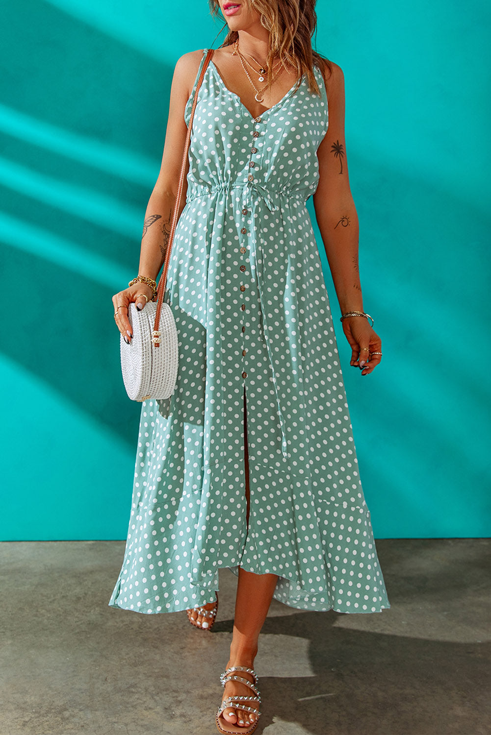 Polka Dot Buttoned Front Slit Maxi Dress