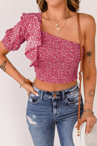 Ditsy Floral Ruffled One-Shoulder Smocked Top