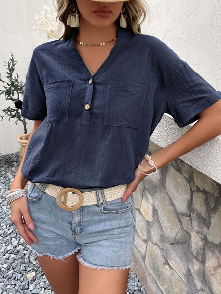 Buttoned Notched Neck Cuffed Sleeve Blouse