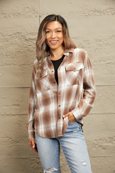 Double Take Plaid Collared Neck Long Sleeve Shirt