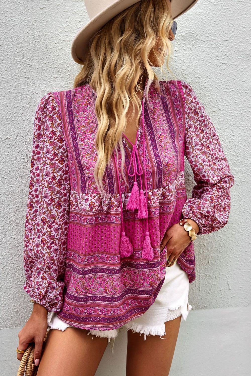 Bohemian Tassel Tie Puff Sleeve Blouse