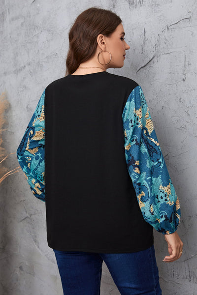 Plus Size Printed Sleeve Round Neck Blouse