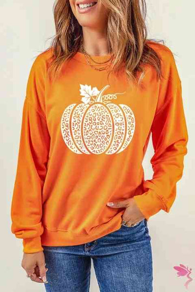 Round Neck Dropped Shoulder Pumpkin Graphic Sweatshirt