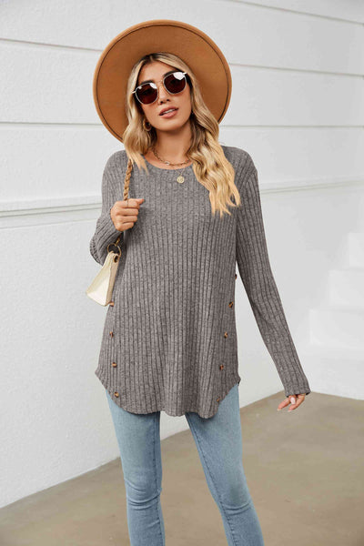 Round Neck Ribbed Long Sleeve T-Shirt