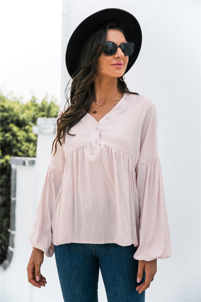 Button Detail Lantern Sleeve Peplum Top