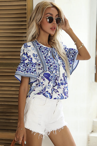 Floral Tie-Neck Curved Hem Top