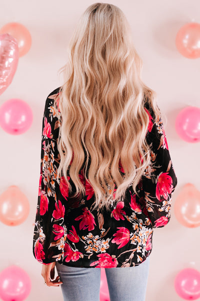 Floral V-Neck Balloon Sleeve Blouse