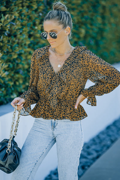 Leopard Ruffled V-Neck Peplum Blouse