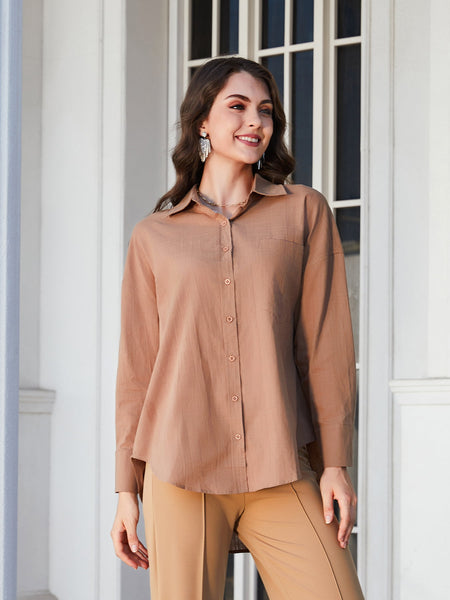 Double Take Dropped Shoulder Collared High-Low Shirt