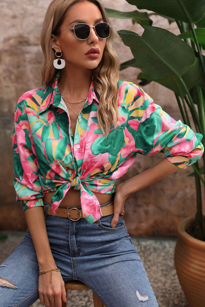 Floral Print Collared Neck Long Sleeve Shirt