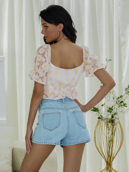 Floral Cutout Smocked Cropped Top