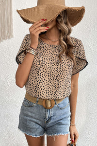 Printed Pom Pom Detail Petal Sleeve Round Neck Blouse