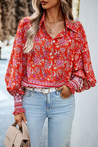 Printed Collared Neck Smocked Lantern Sleeve Shirt