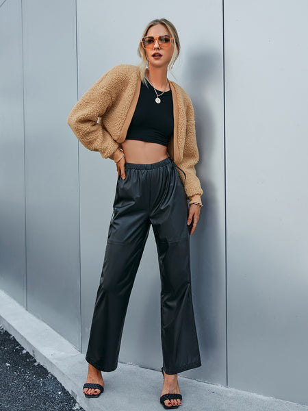 Dropped Shoulder Open Front Cropped Sherpa Jacket