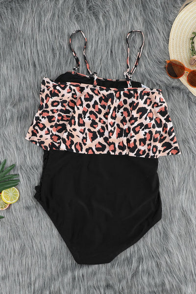 Leopard Print Layered One-Piece Swimsuit