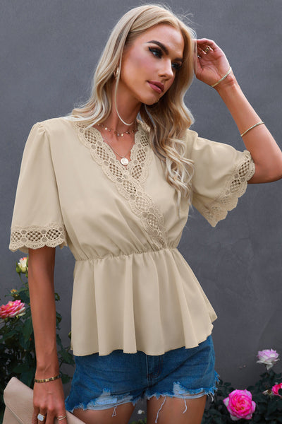 Lace Trim V-Neck Peplum Blouse