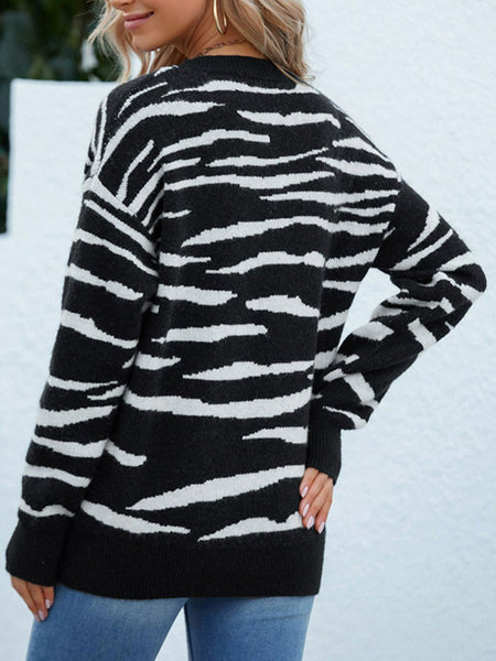 Zebra Print Round Neck Dropped Shoulder Sweater