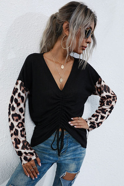 Leopard Drawstring Ruched Deep V Top