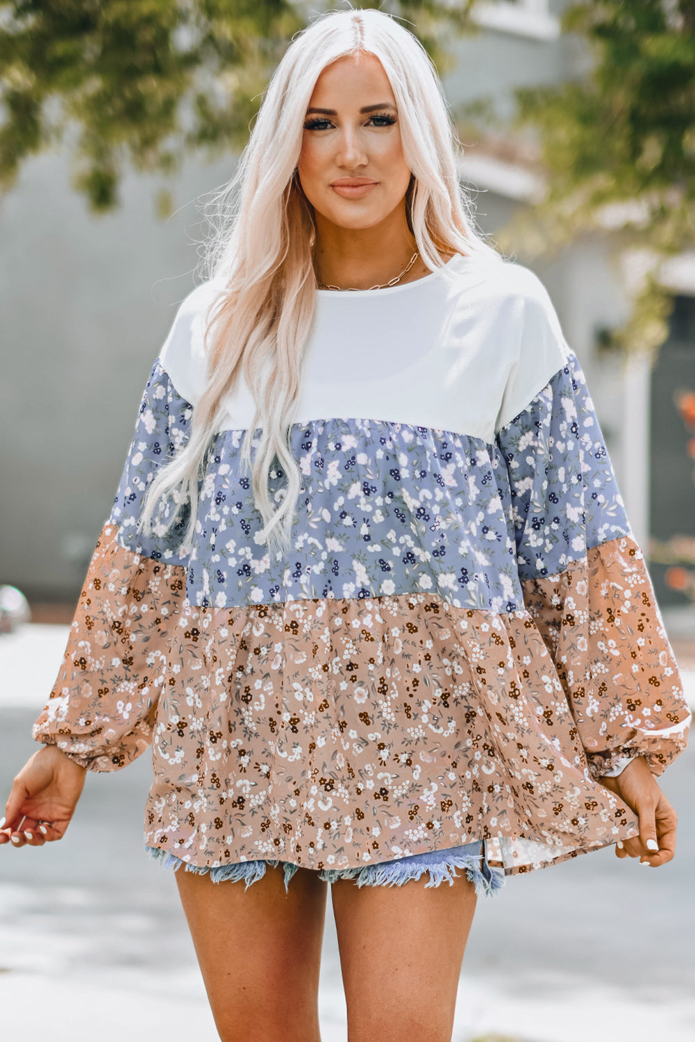 Floral Color Block Round Neck Babydoll Top