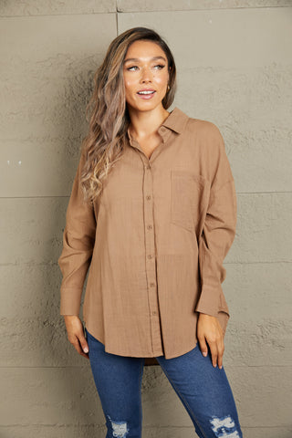 Double Take Dropped Shoulder Collared High-Low Shirt