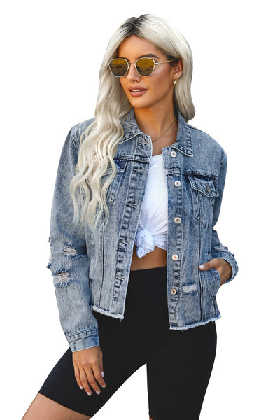 Turn Down Collar Cut-out Denim Jacket