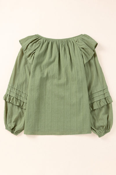 Ruffled Notched Neck Balloon Sleeve Blouse