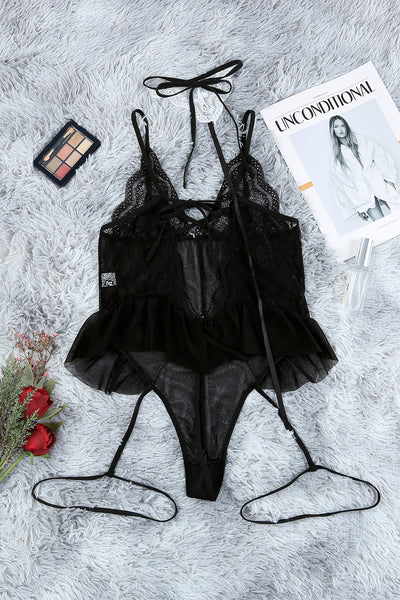 Lace Contrast Ruffled Teddy Lingerie