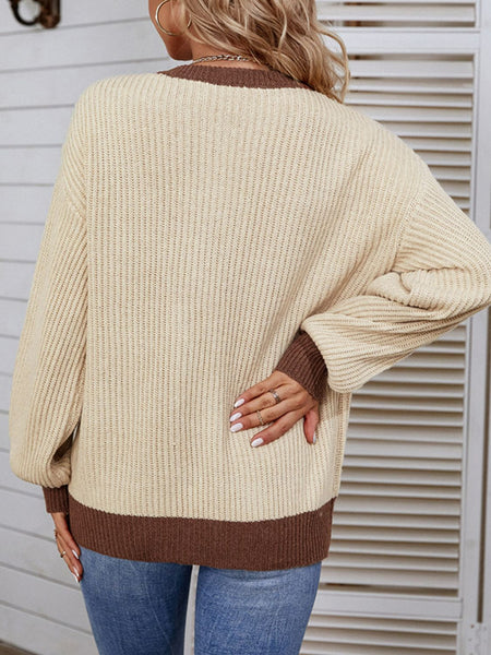 Contrast Button Detail Rib-Knit Sweater