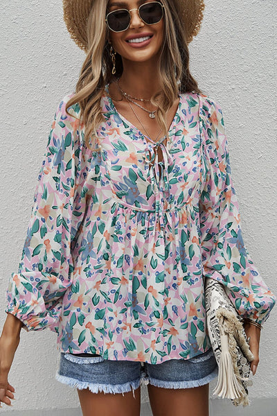 Floral Tie Neck Babydoll Blouse