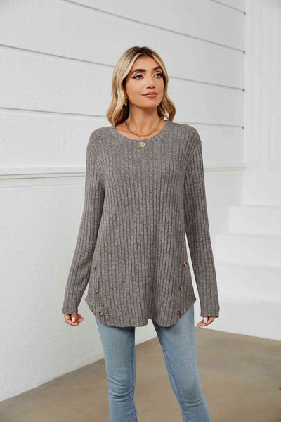 Round Neck Ribbed Long Sleeve T-Shirt