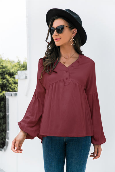 Button Detail Lantern Sleeve Peplum Top