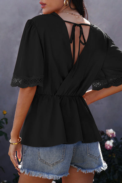 Lace Trim V-Neck Peplum Blouse