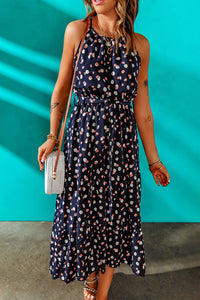 Polka Dot Belted Sleeveless Tiered Maxi Dress