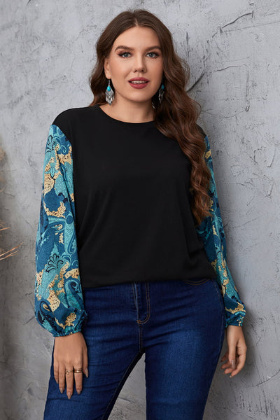 Plus Size Printed Sleeve Round Neck Blouse