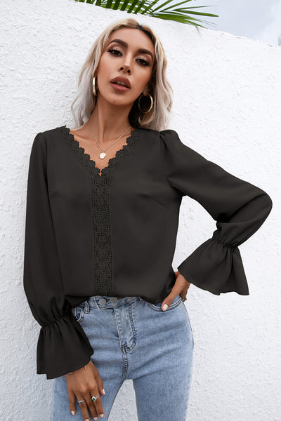 Lace Trim Flounce Sleeve Blouse