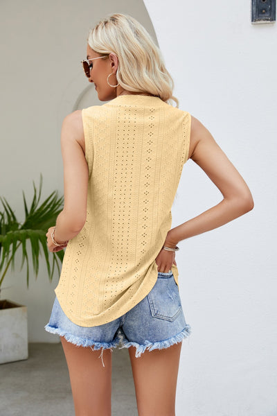 Notched Neck Curved Hem Eyelet Tank