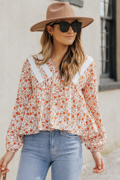 Floral Lace Contrast V-Neck Blouse