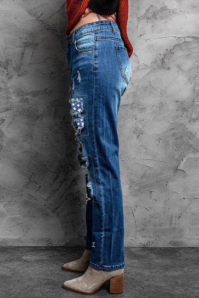 Printed Patch Distressed Boyfriend Jeans