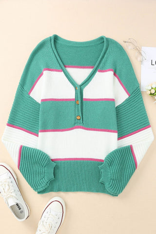 Color Block Buttoned V-Neck Sweater