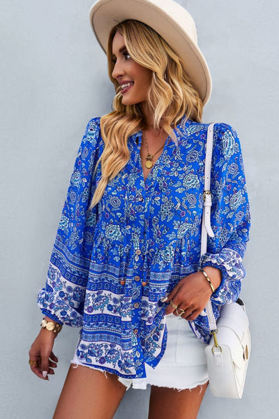 Bohemian Tie Neck Balloon Sleeve Top