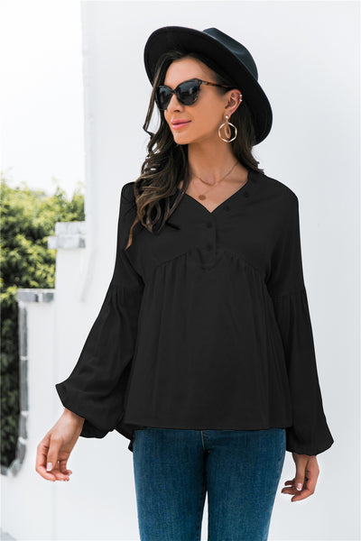 Button Detail Lantern Sleeve Peplum Top