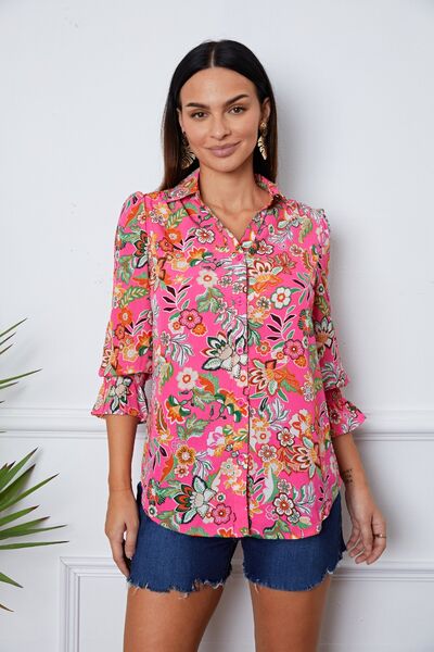 Floral Button Up Flounce Sleeve Shirt