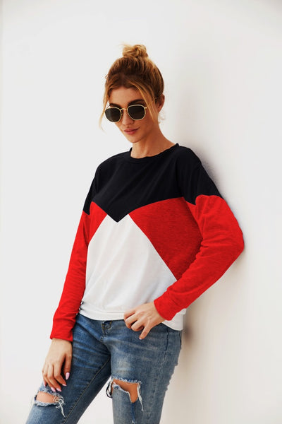 Color Block Round Neck Long Sleeve Top