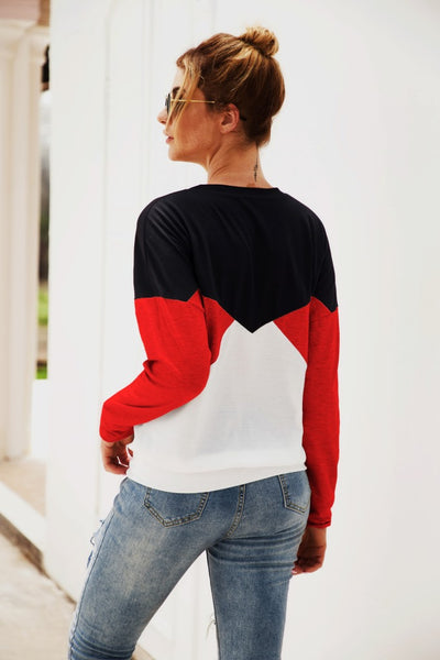 Color Block Round Neck Long Sleeve Top