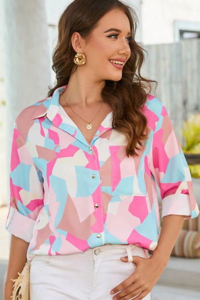 Double Take Multicolored Long Sleeve Collared Shirt